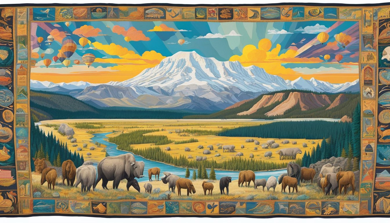 A colorful tapestry depicts various cultural and political symbols, with a prominent image of Yellowstone National Park. The tapestry is surrounded by a diverse audience, all captivated by the imagery