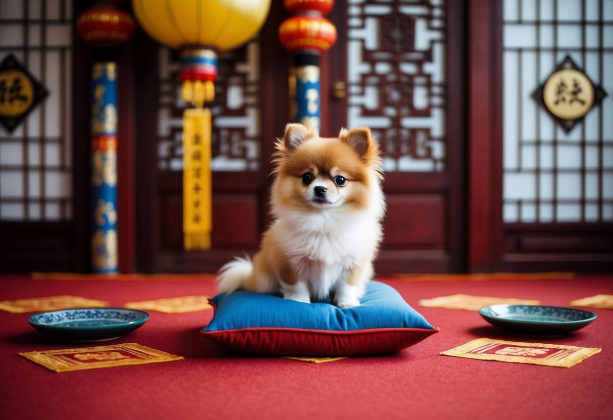 A tiny fluffy Chinese dog sits on a cushion, surrounded by traditional Chinese decor and symbols