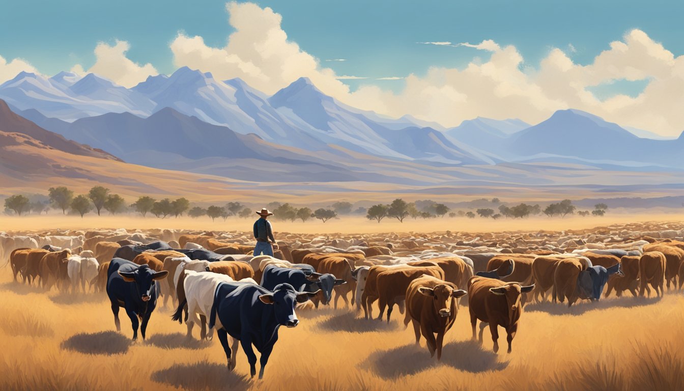 A modern cowboy herding cattle on a vast, open range with a backdrop of rugged mountains and a clear blue sky