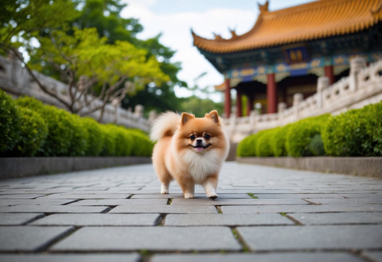 A tiny fluffy Chinese dog is surrounded by traditional Chinese architecture and lush greenery, showcasing its breed's origins and history