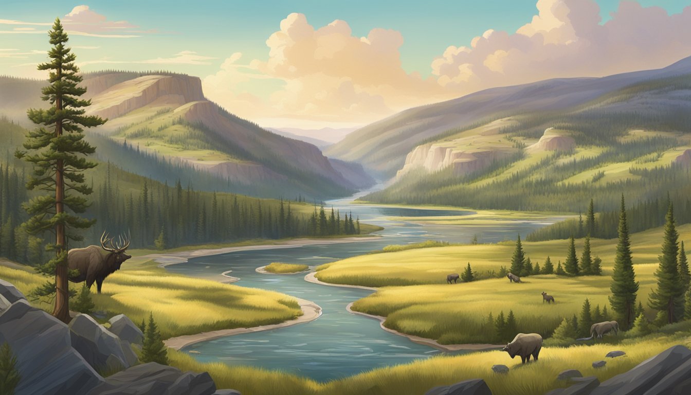 A serene landscape of Yellowstone National Park, with rolling hills, lush forests, and diverse wildlife, set against a backdrop of modern development encroaching on the natural habitat