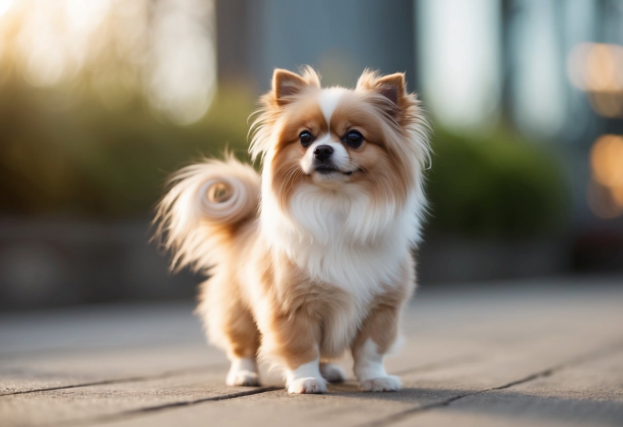 A tiny fluffy Chinese dog with long, silky fur and a curled tail, standing on its hind legs with a curious expression
