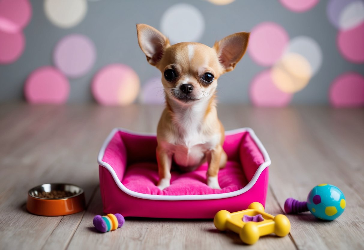 A small teacup Chihuahua sits in a tiny pink bed, surrounded by miniature toys and a tiny food bowl
