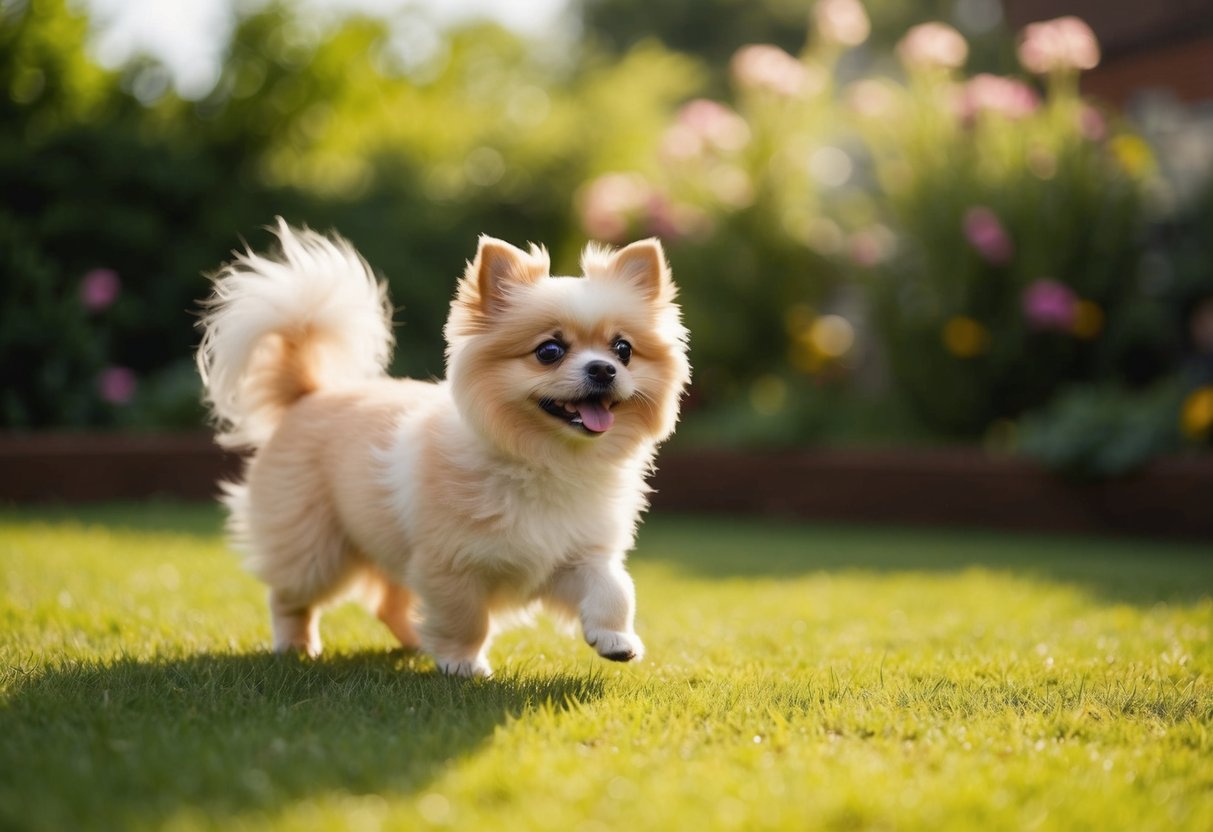 A tiny fluffy Chinese dog prances happily in a sunlit garden, wagging its tail and looking up with bright, curious eyes