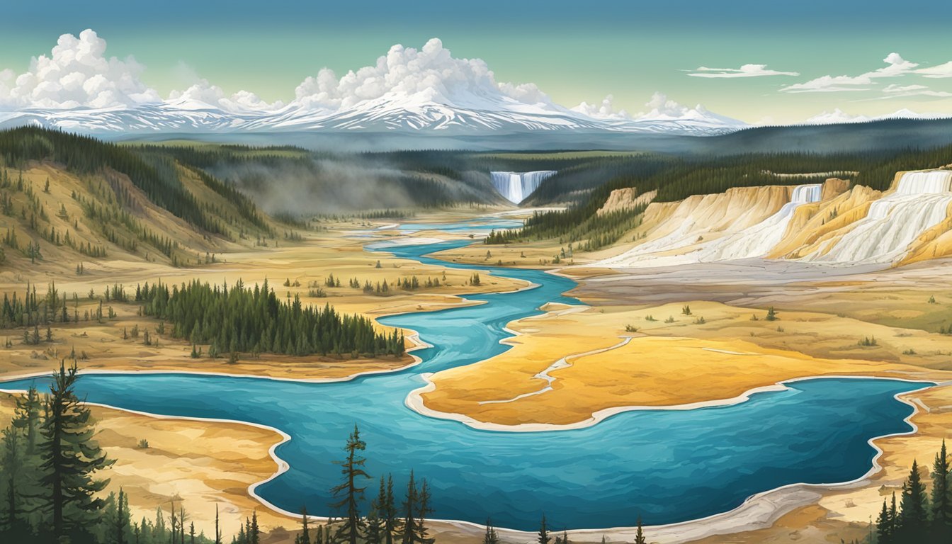 A panoramic view of the iconic Yellowstone National Park, featuring its vast landscapes, geysers, and wildlife, with a sense of awe and wonder