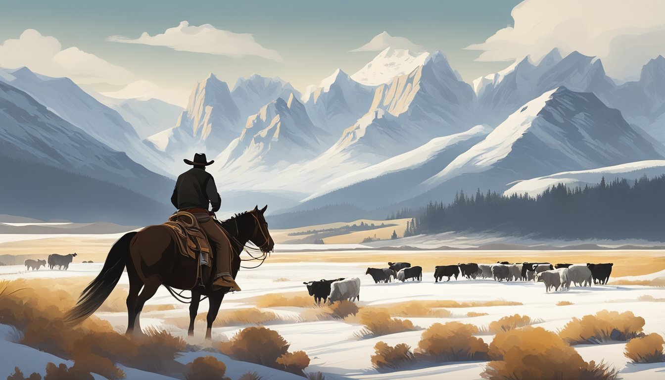 A lone cowboy rides through a rugged landscape, herding cattle while snow-capped mountains loom in the distance. A mix of traditional and modern elements symbolize the challenges facing cowboy culture in the 21st century