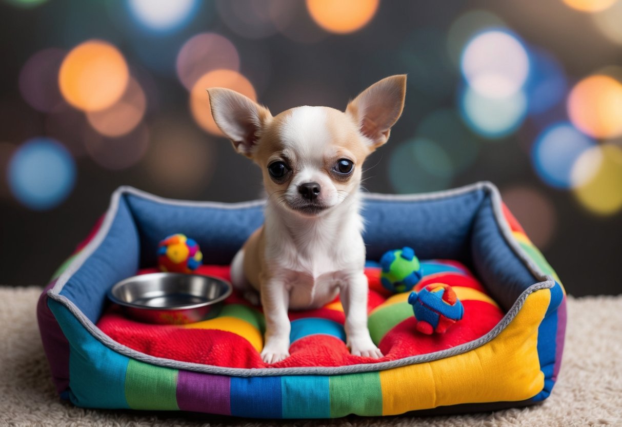 A tiny Chihuahua puppy sits in a colorful dog bed, surrounded by small toys and a bowl of water