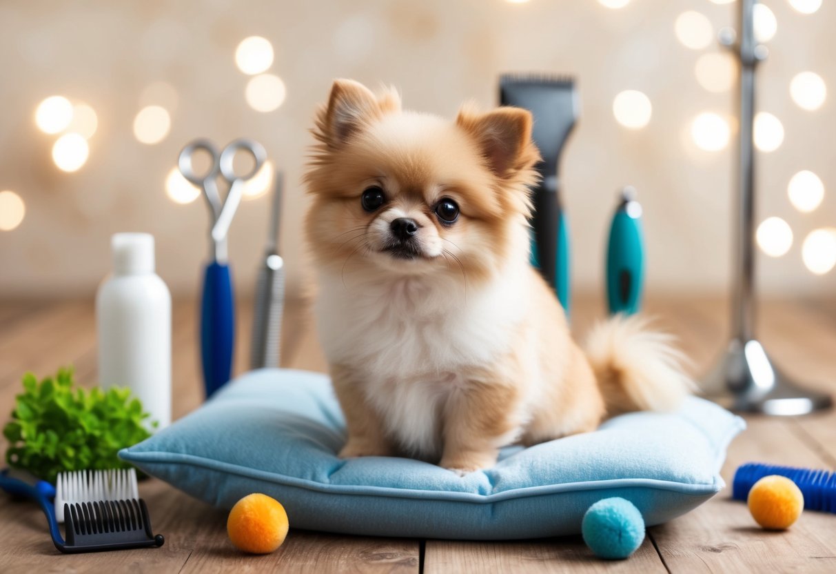 A tiny fluffy Chinese dog sits on a soft cushion, surrounded by grooming tools and toys. Its expressive eyes and wagging tail convey a sense of health and care