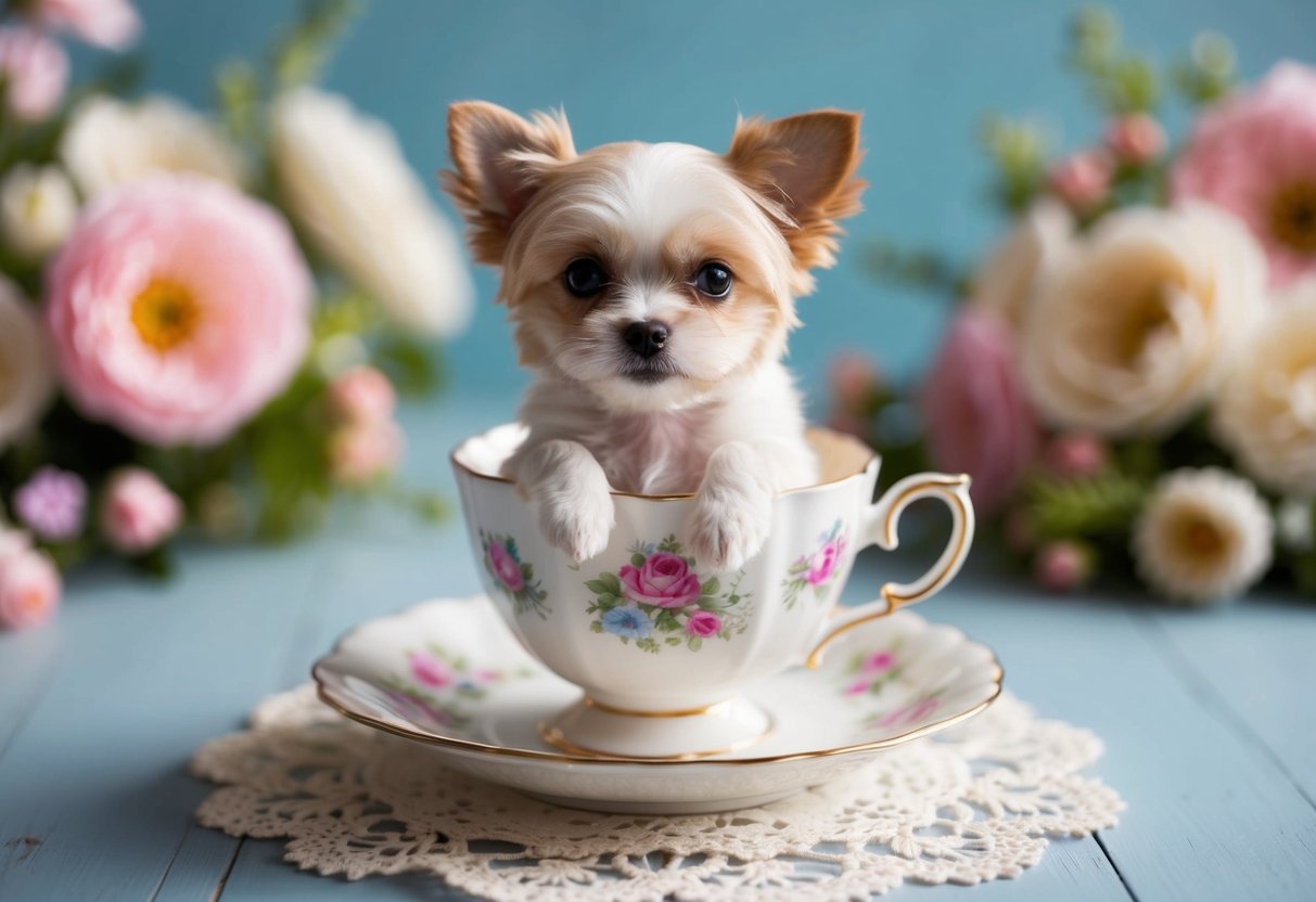 A tiny teacup dog sits in a dainty, ornate teacup, surrounded by delicate floral patterns and a lace doily