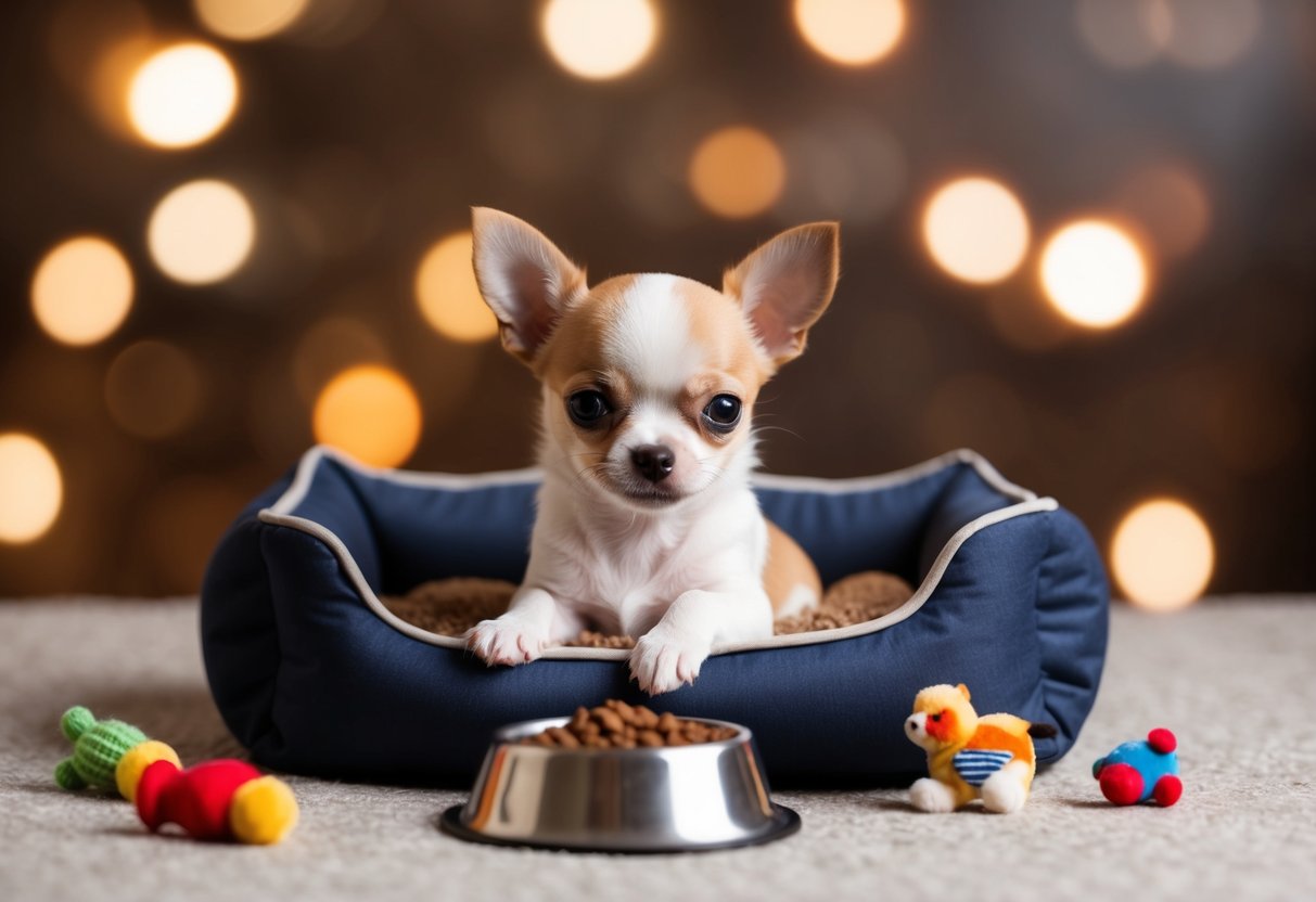 A tiny Chihuahua puppy sits in a cozy dog bed, surrounded by small toys and a bowl of food