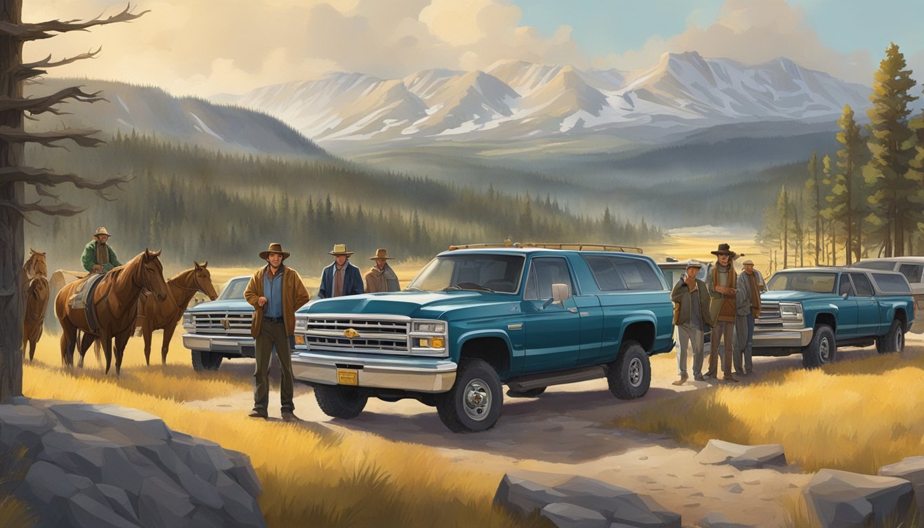 A group of diverse and compelling characters gather against the backdrop of the iconic Yellowstone landscape, each exuding their own distinct personality and presence