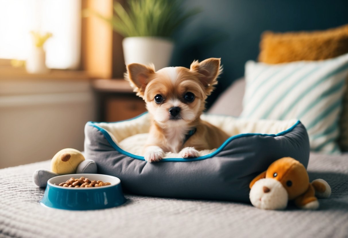 A tiny teacup dog nestled in a cozy bed, surrounded by plush toys and a bowl of food and water