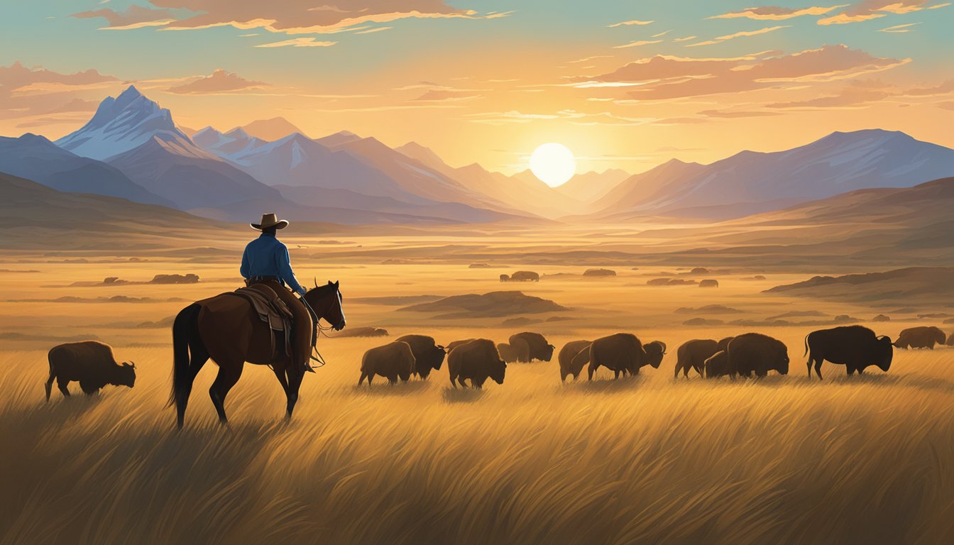 A lone cowboy rides through a vast, open prairie, surrounded by towering mountains and grazing bison. The setting sun casts a warm glow on the landscape, highlighting the enduring legacy of cowboy culture in the modern world