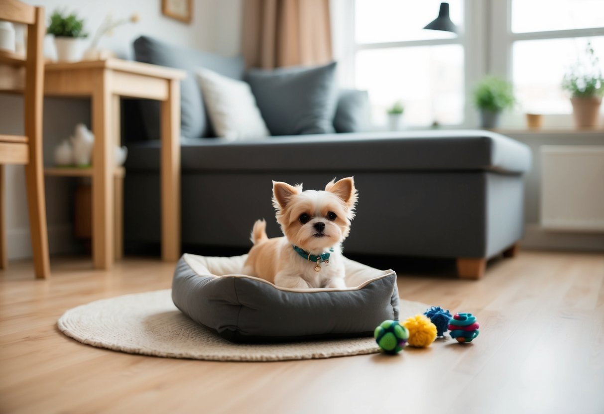 A small, cozy apartment with a tiny dog bed and a teacup-sized dog happily playing with its toys