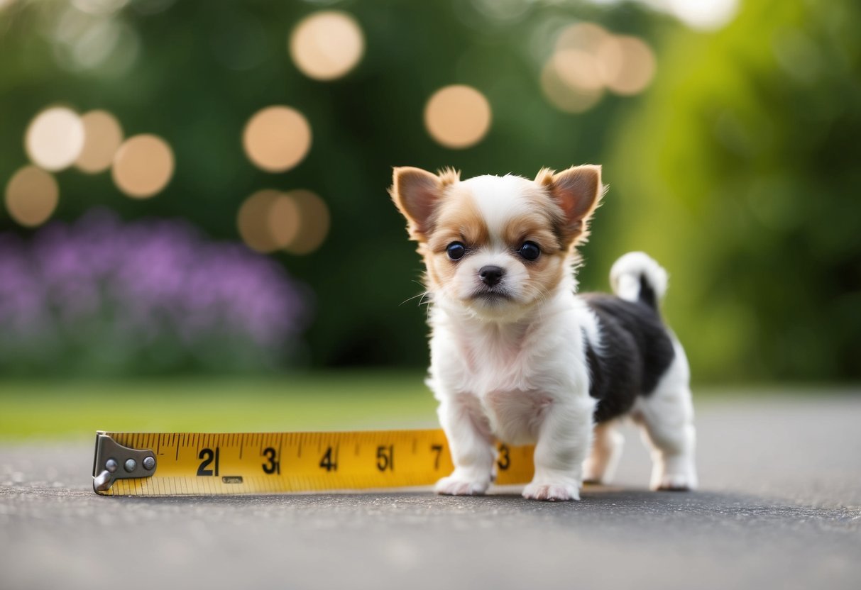 A tiny teacup dog standing next to a measuring tape, showcasing its small size