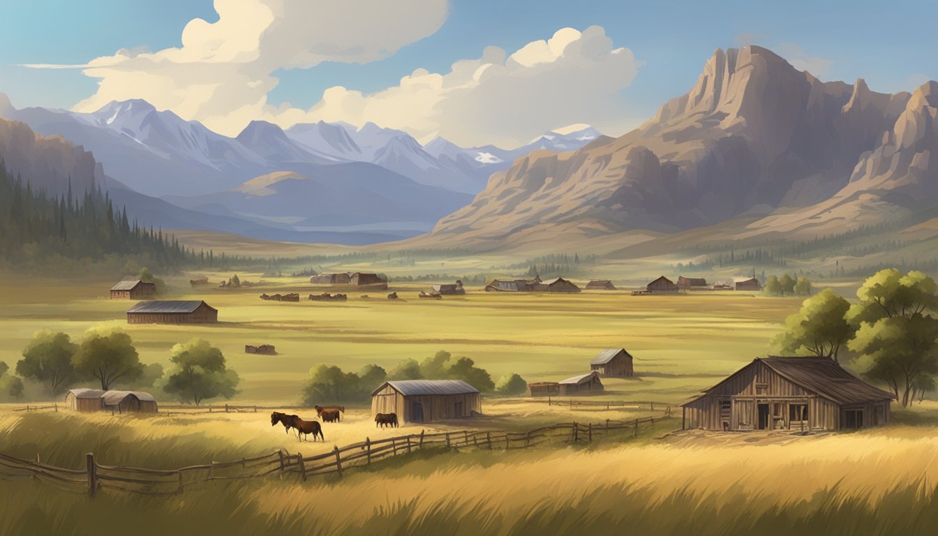 A sprawling western landscape with vast open fields, grazing cattle, and a rustic homestead nestled against a backdrop of rugged mountains