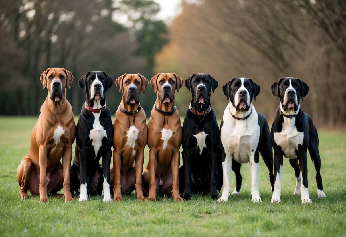 A pack of 10 massive dogs standing side by side, ranging from a towering Great Dane to a sturdy Saint Bernard, all looking majestic and powerful