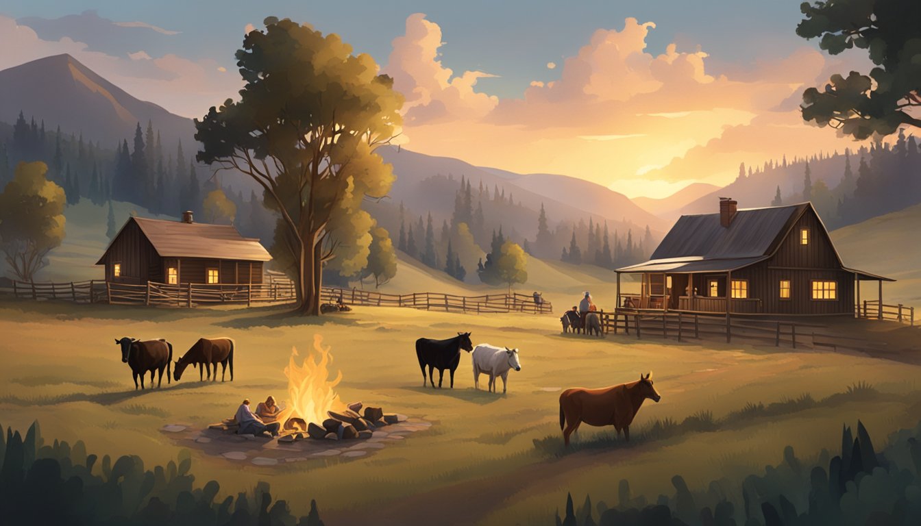 A sprawling western ranch with a rustic homestead, rolling hills, grazing cattle, and a family gathered around a campfire