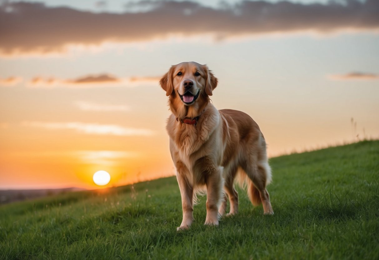 A golden retriever standing proudly on a grassy hill, with the sun setting behind it