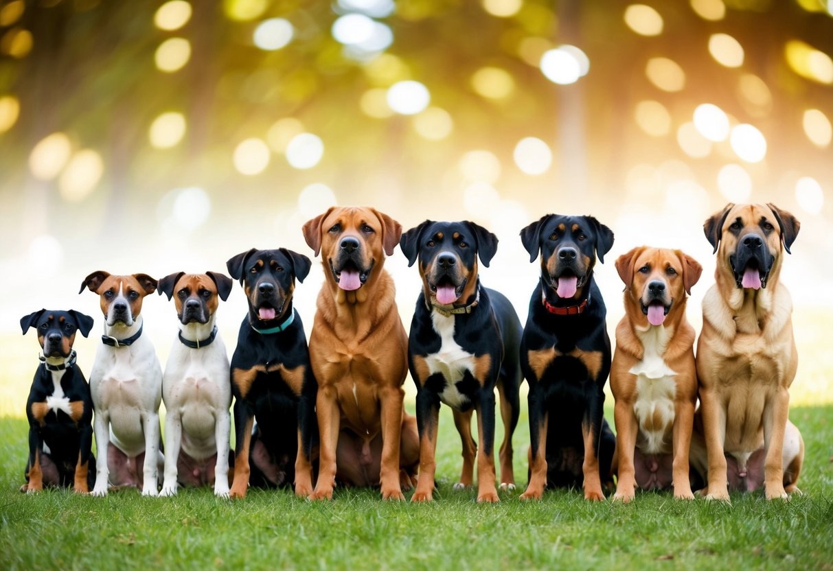 A group of 10 large dog breeds standing side by side, showcasing their impressive size and stature