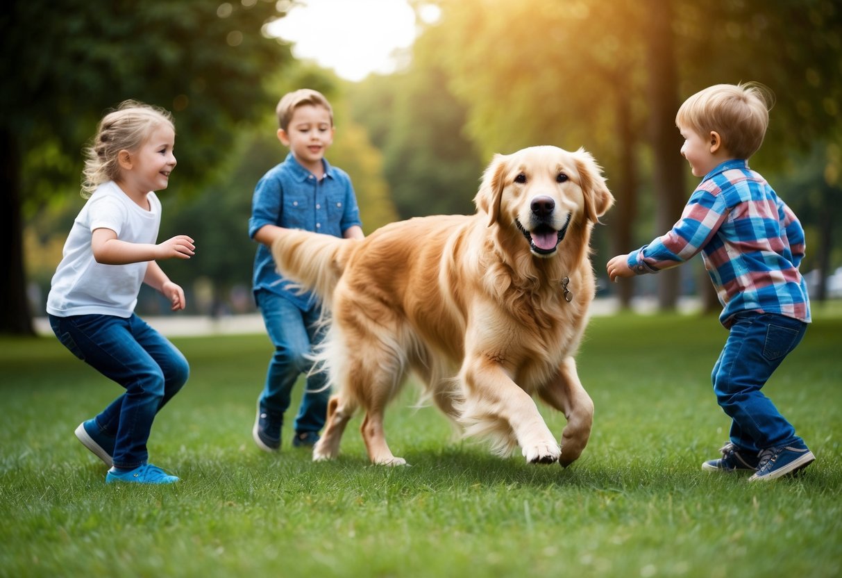 A Golden Retriever playing with children in a park, demonstrating its intelligence and gentle nature