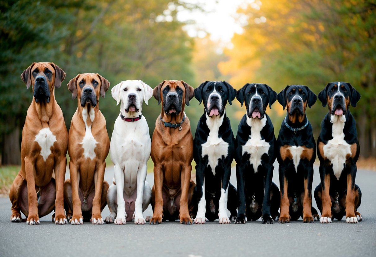 A group of 10 large breed dogs standing side by side, ranging from the towering Great Dane to the muscular Saint Bernard, each showcasing their impressive size and strength