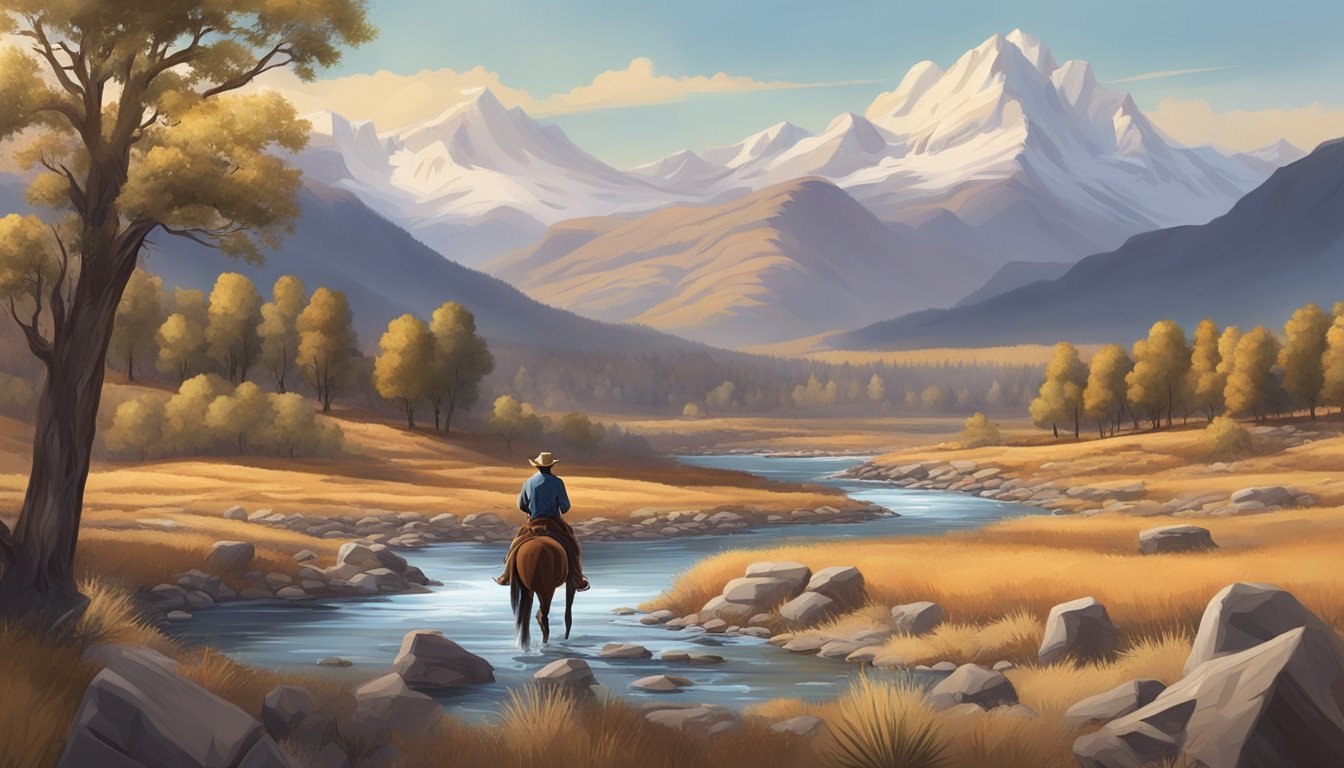 A lone cowboy rides through a rugged landscape, with snow-capped mountains in the distance and a river winding through the valley. The soundtrack captures the spirit of the modern western experience