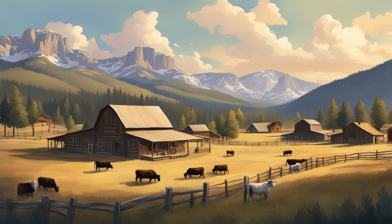 A sprawling western ranch with cattle, rolling hills, and a rustic homestead nestled in the shadow of the majestic Yellowstone mountains