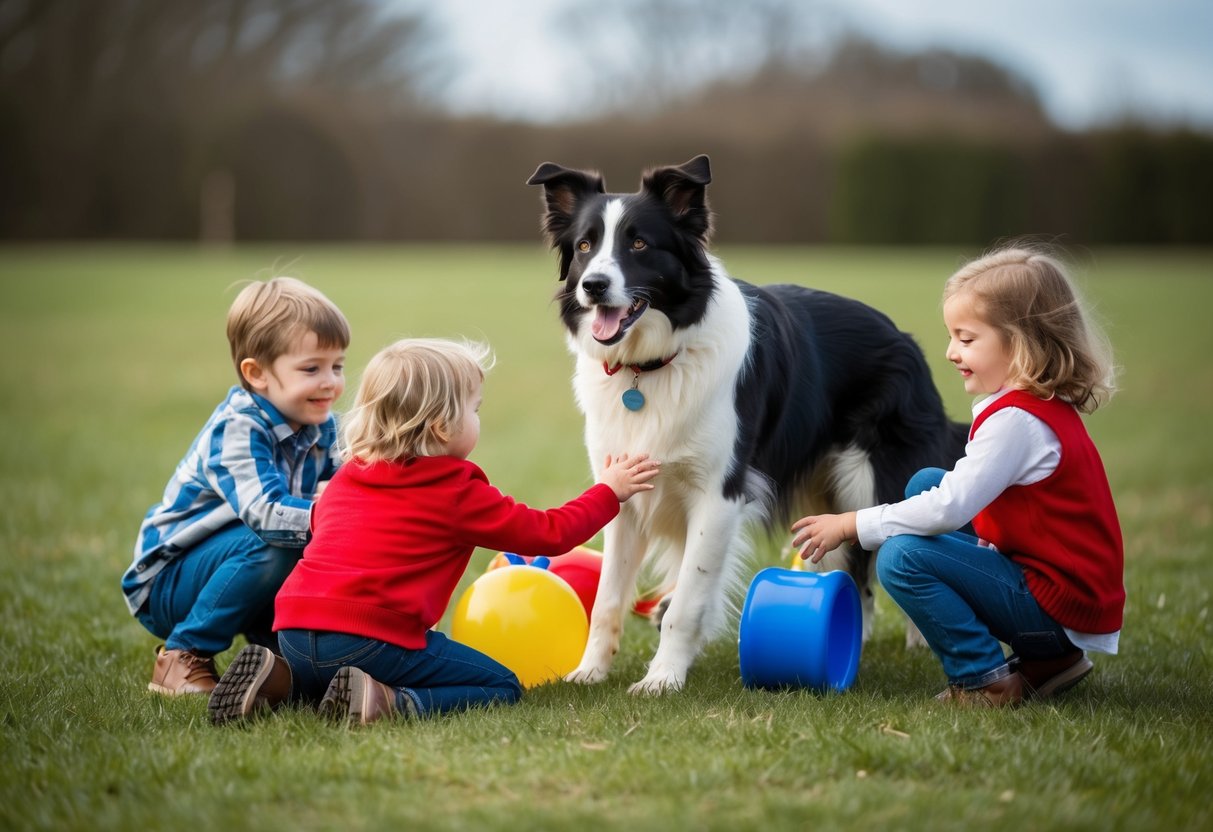 A border collie playing with children, demonstrating intelligence and trainability