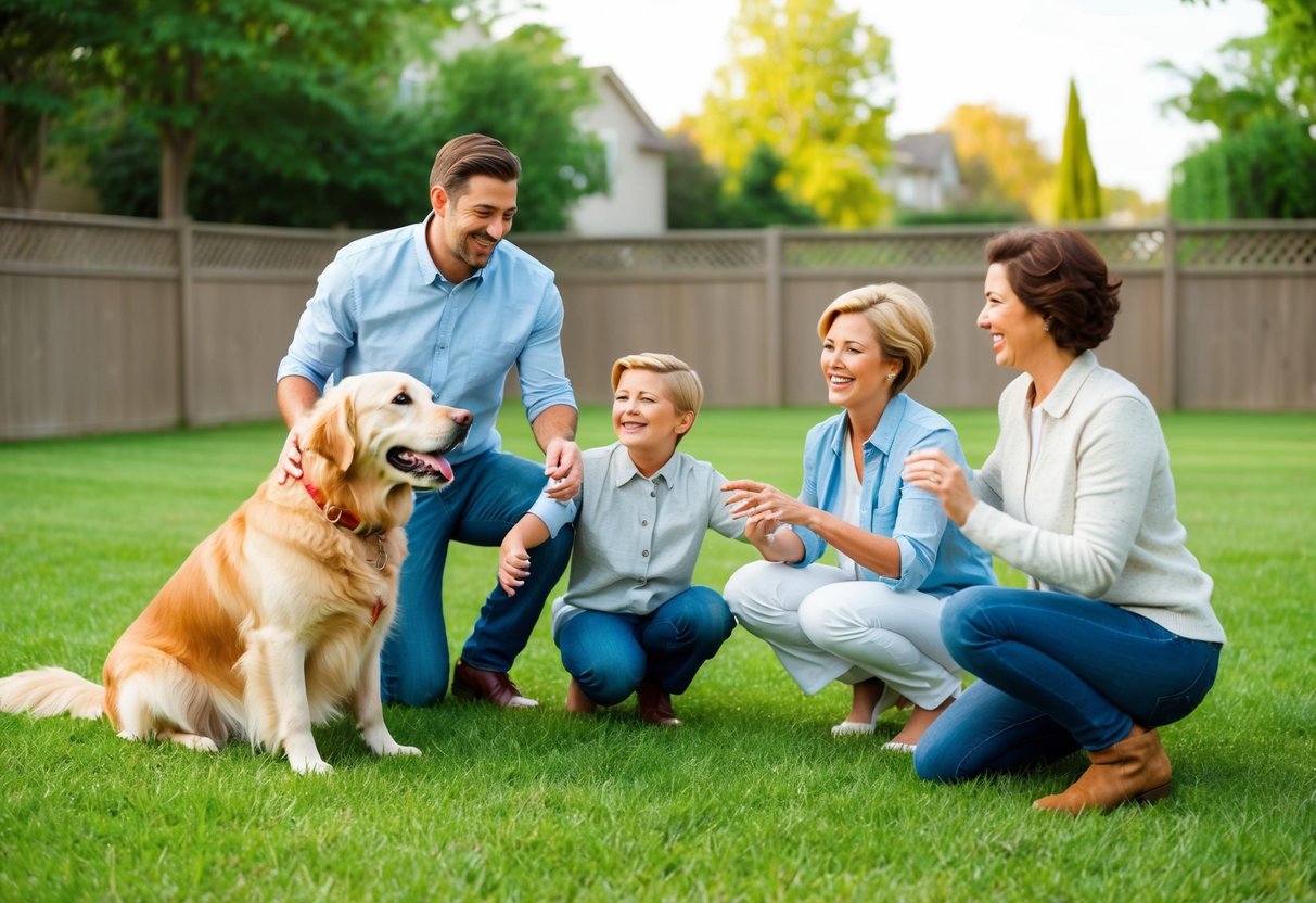 A happy, playful golden retriever interacts with a smiling family in a spacious, fenced backyard