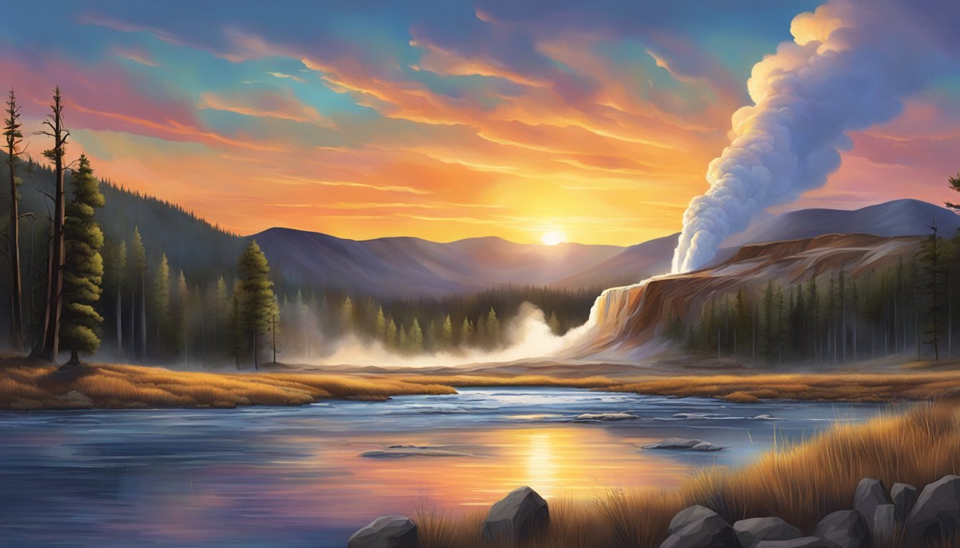 A colorful sunset over the Yellowstone landscape, with geysers erupting and wildlife roaming, as the sounds of nature create a symphony in the air