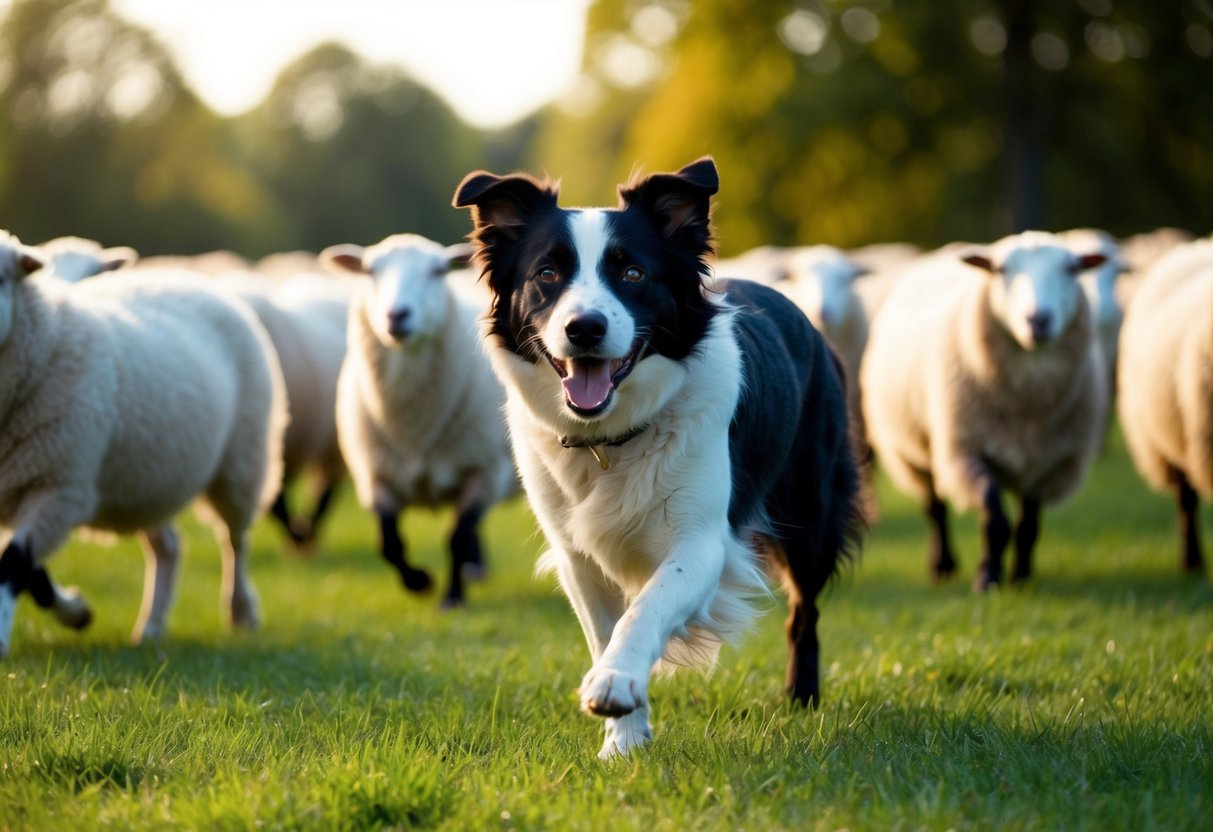 A happy, energetic Border Collie herding sheep in a green pasture