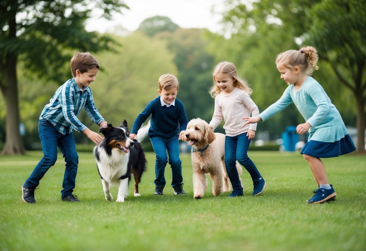 A group of children playing in a park with a border collie, golden retriever, and poodle. The dogs are showing intelligence and obedience while interacting with the kids