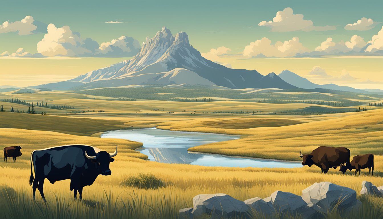 A vast landscape of rolling hills and open plains, dotted with grazing cattle and framed by the towering peaks of the Rocky Mountains. The iconic geysers and hot springs of Yellowstone National Park loom in the distance, symbolizing the environmental challenges facing modern ranchers in Montana