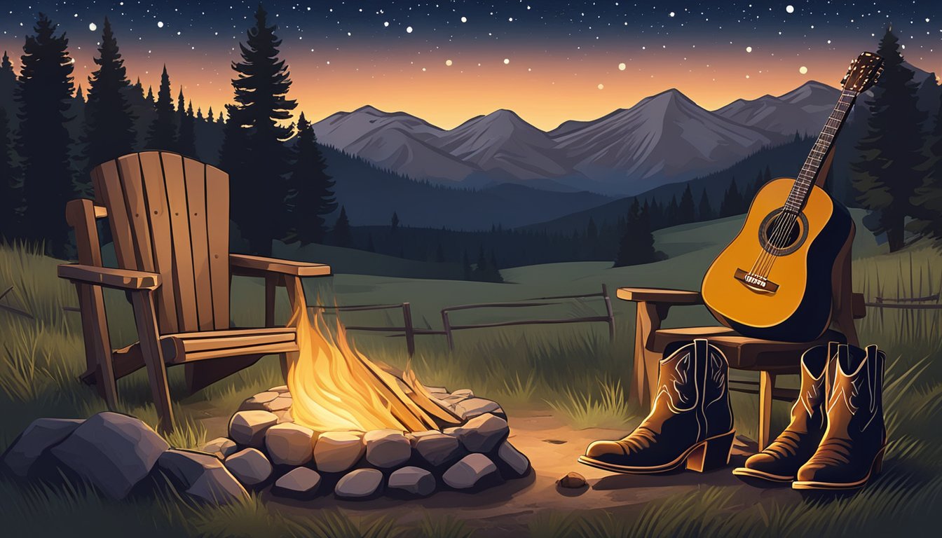 A cowboy hat and boots sit next to a guitar and a campfire under the stars in the Montana wilderness