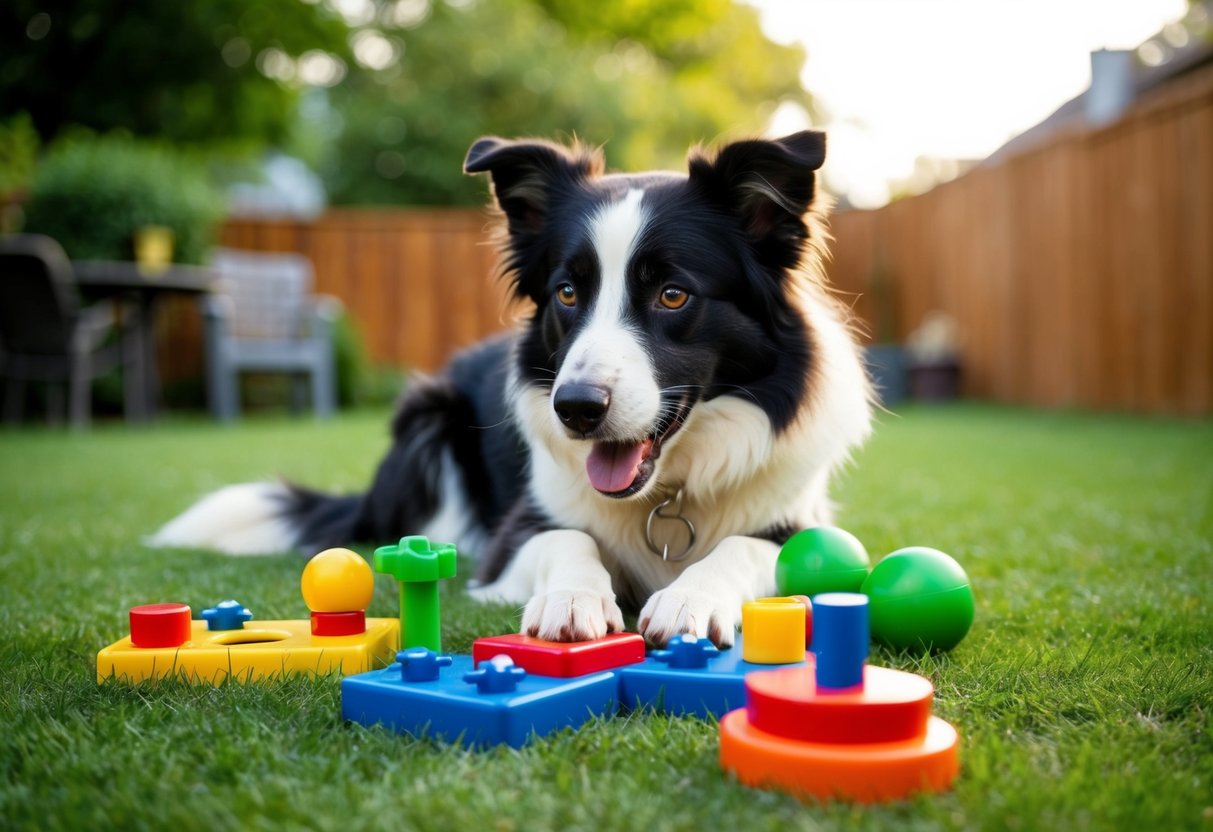 A border collie solving puzzles and playing with interactive toys in a backyard
