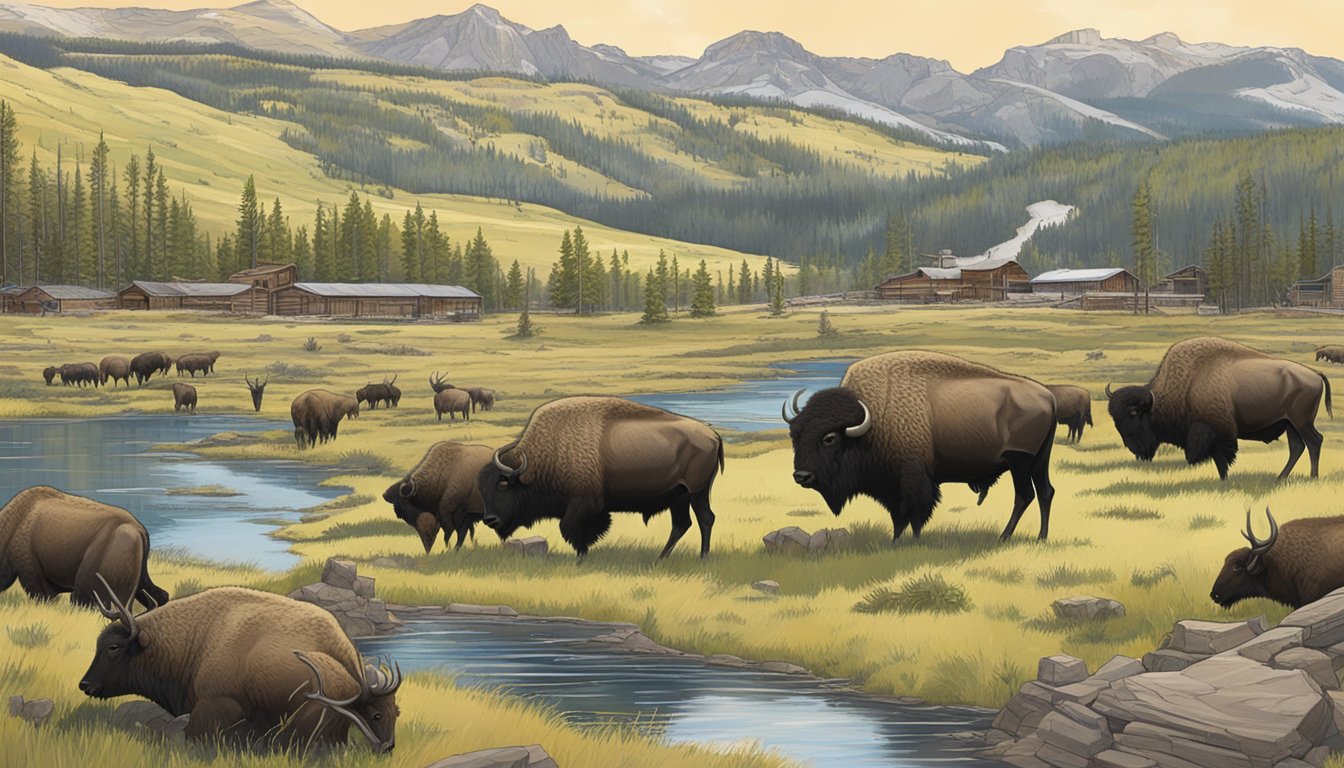 A sprawling landscape of Yellowstone's rugged terrain, with grazing bison and elk, juxtaposed against the encroaching modern ranching infrastructure