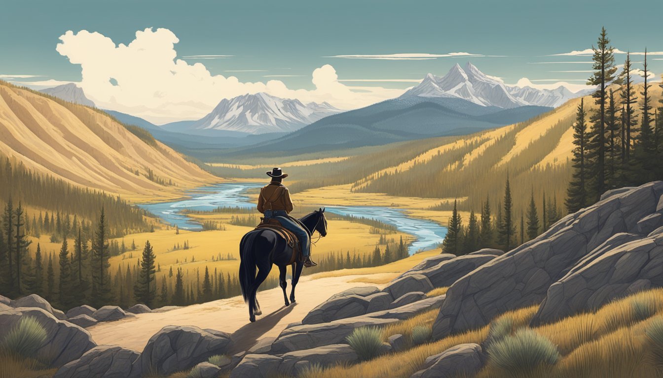 A cowboy rides through the rugged terrain of Yellowstone National Park, with the majestic mountains and geysers in the background. The sound of a harmonica and guitar fills the air, enhancing the modern Western experience