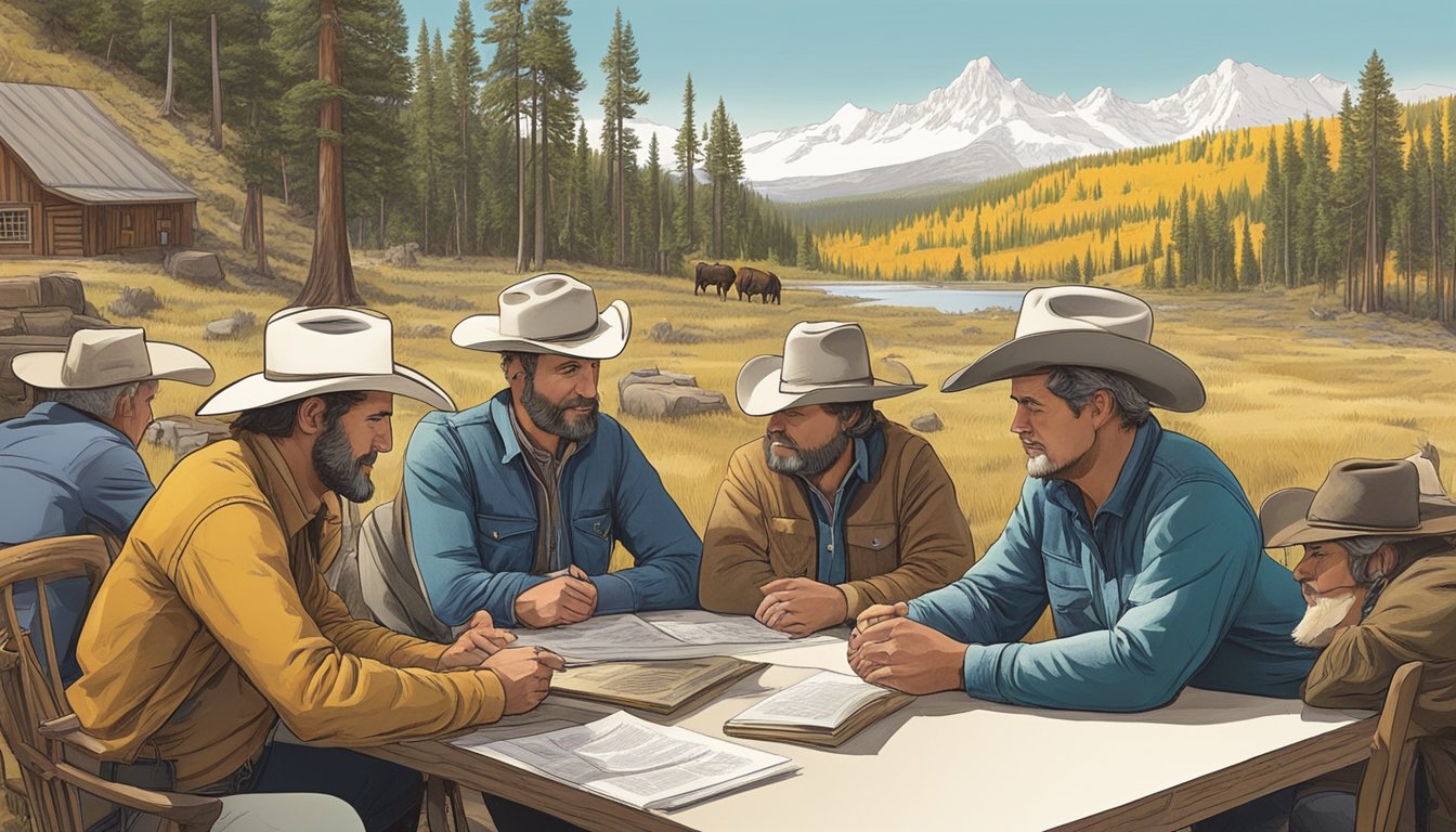 A group of ranchers and conservationists gather around a table, discussing the management of land and resources in the iconic Yellowstone region