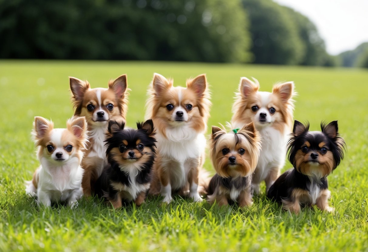 A group of tiny dogs, including Chihuahuas, Pomeranians, and Yorkshire Terriers, gathered in a grassy field, showcasing their small size and adorable features