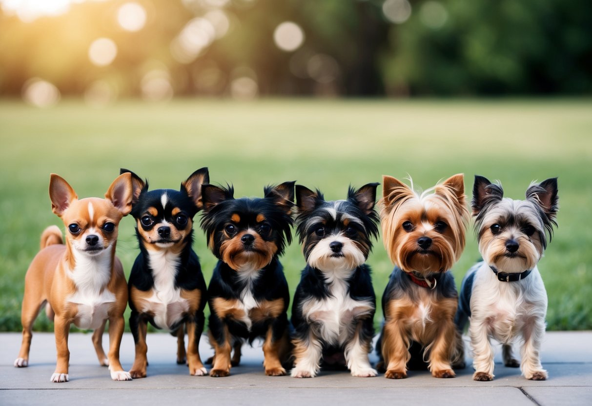 A group of small dogs of various breeds standing side by side, ranging from Chihuahuas to Yorkshire Terriers, showcasing the top 10 smallest dog breeds