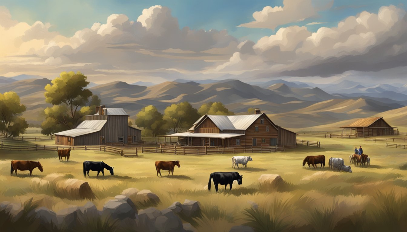 A sprawling western ranch with cattle, horses, and rugged landscapes. A large, rustic homestead with a backdrop of rolling hills and dramatic skies