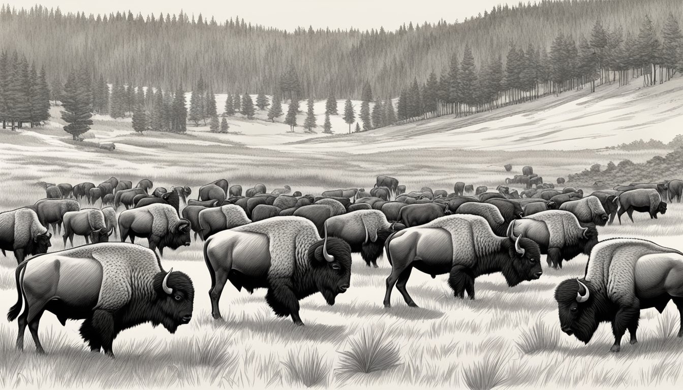 A herd of bison graze on the lush grasslands of Yellowstone National Park, while a diverse array of wildlife, including elk and wolves, roam freely in the distance