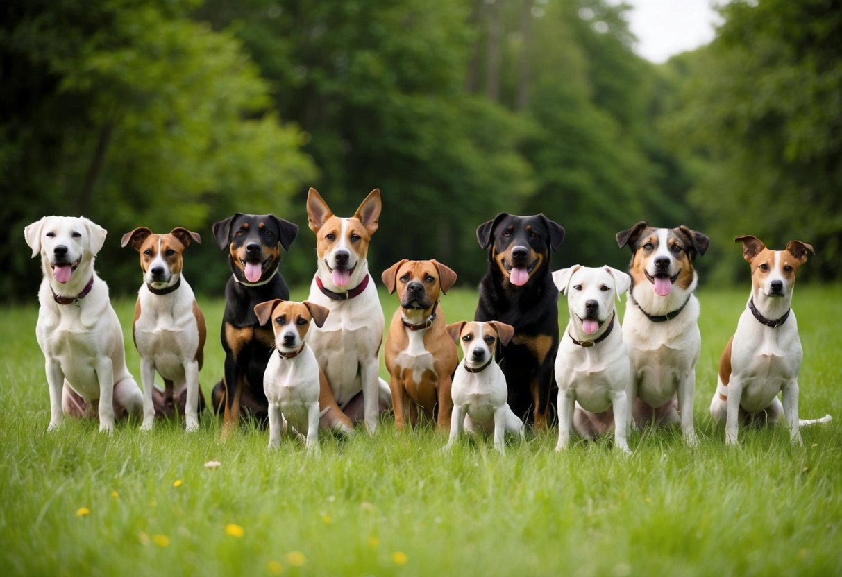 A pack of 10 rare dog breeds gathered in a lush green meadow, each showcasing their distinctive features and colors
