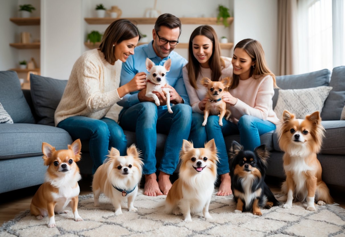 A family playing with the top 10 smallest dog breeds, including Chihuahuas, Pomeranians, and Maltese, in a cozy living room