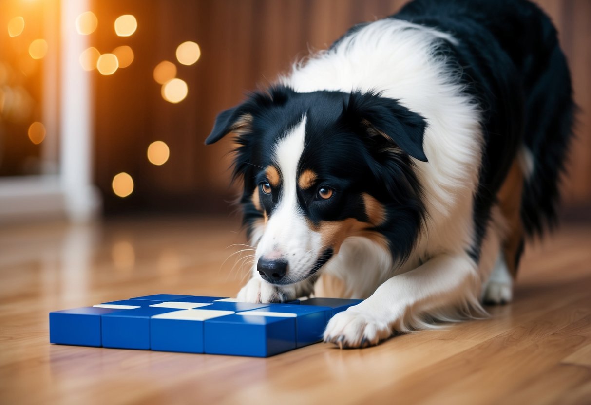 A border collie solving a complex puzzle with focused determination