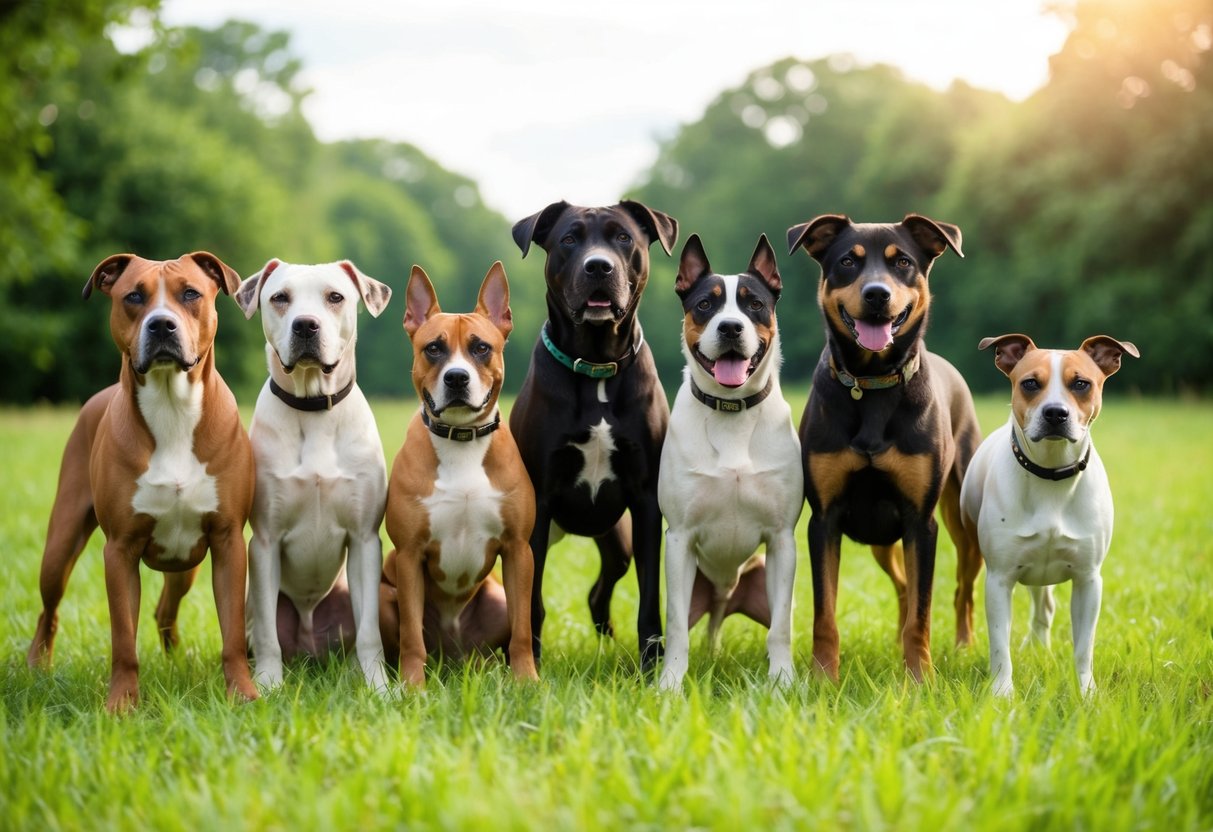 A group of 10 rare dog breeds stand together in a lush, green meadow, showcasing their unique features and colors