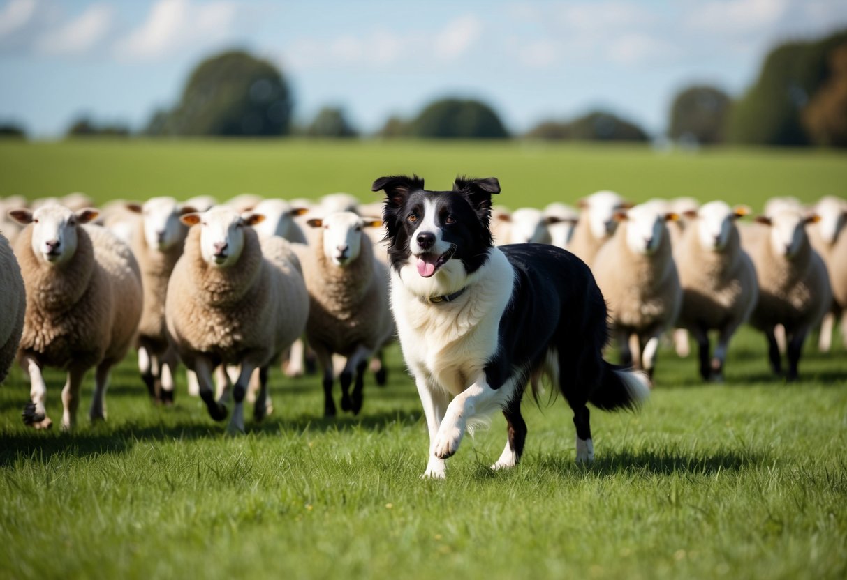 A border collie confidently herding a group of sheep in a lush green field