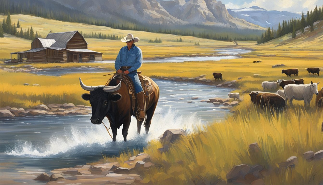 A modern rancher navigates rugged terrain, tending to livestock amidst changing weather and natural obstacles. The iconic Yellowstone landscape looms in the background, emphasizing the ongoing environmental challenges