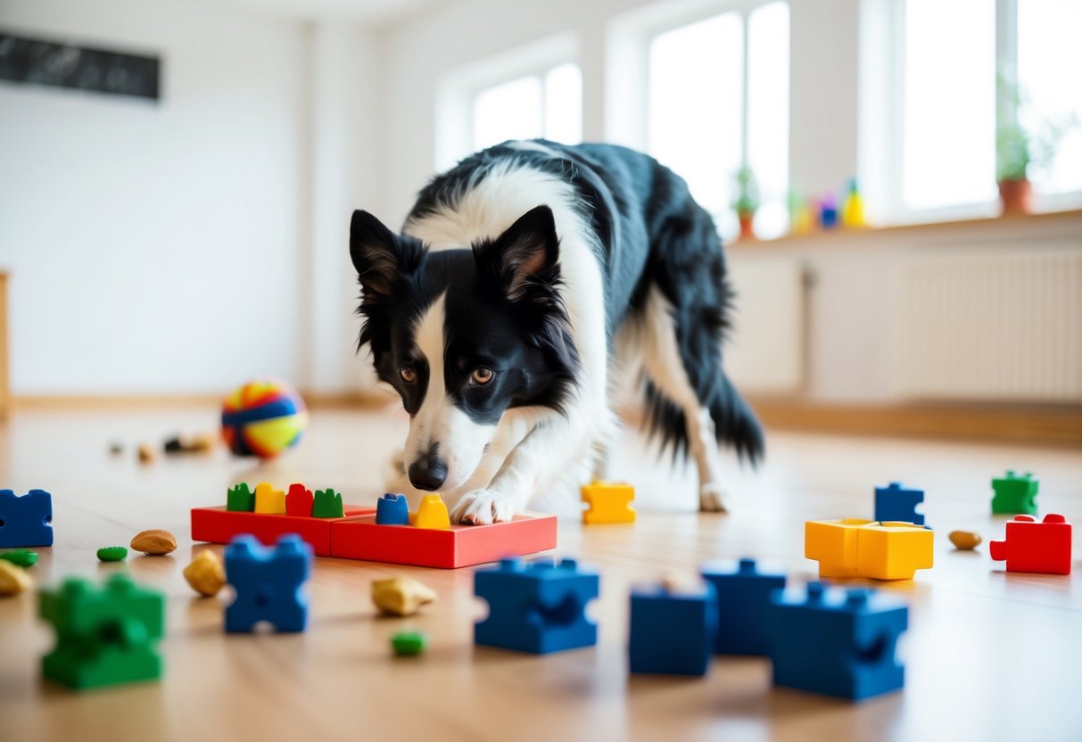 A border collie solving puzzles and learning commands in a bright, spacious training room with toys and treats scattered around